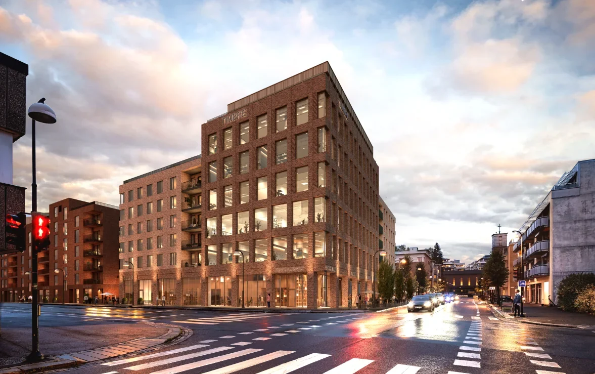 Arkitektillustrasjon av Timbre-kvartalet i Lillestrøm med næringsbygg i tegl