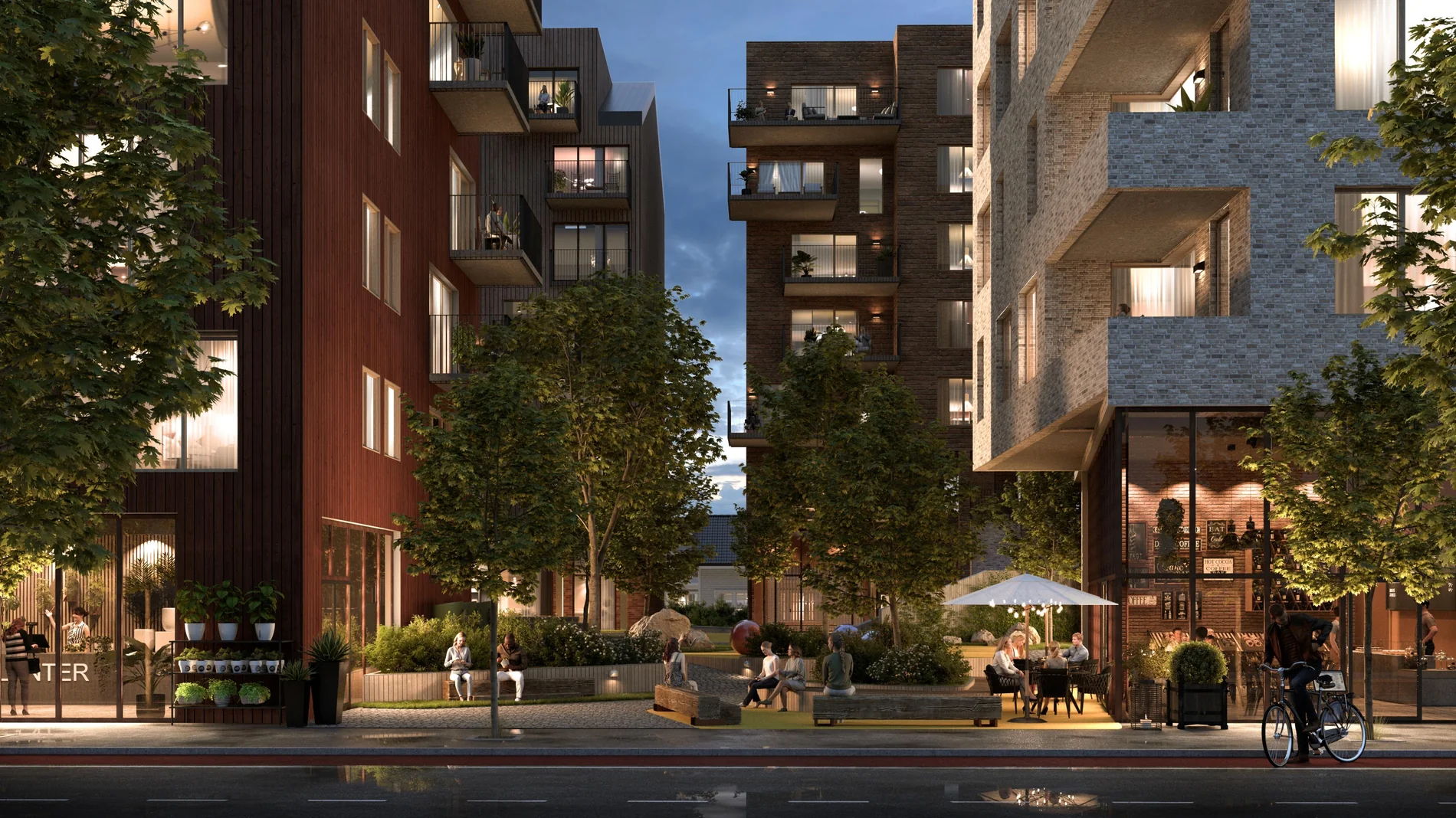 Arkitektillustrasjon av byrom og beplantede uteområder i Timbre Lillestrøm