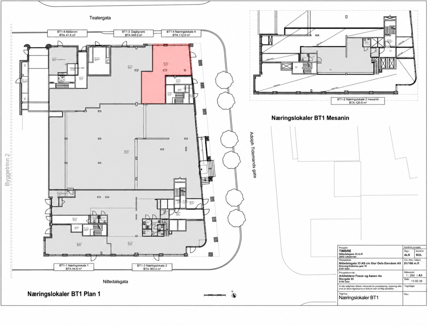 Plantegning av Timbre. BT1-4, hjørnelokale på 112,8 m² BTA mellom Teatergata og Adolph Tidemands gate, er markert med rødt.