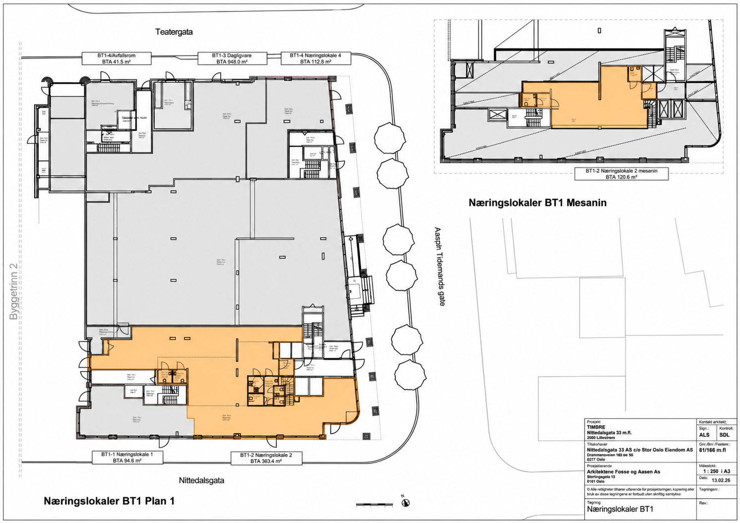 Plantegning av Timbre. BT1-2, serveringslokale på 363,4 m² i første etasje pluss 120,6 m² mesanin, er markert med oransje.