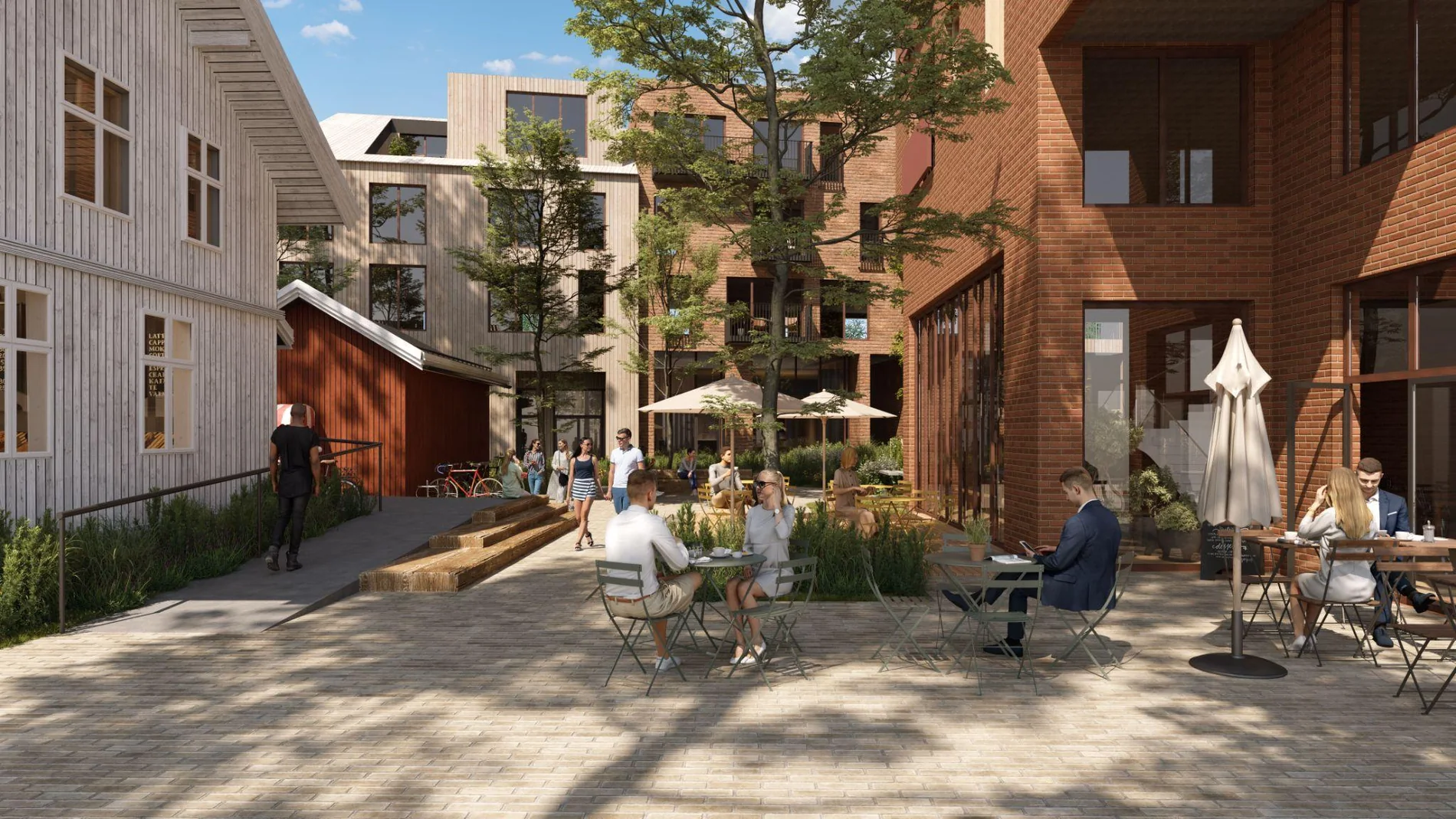 Arkitektillustrasjon av grønne byrom mellom teglbygg i Timbre