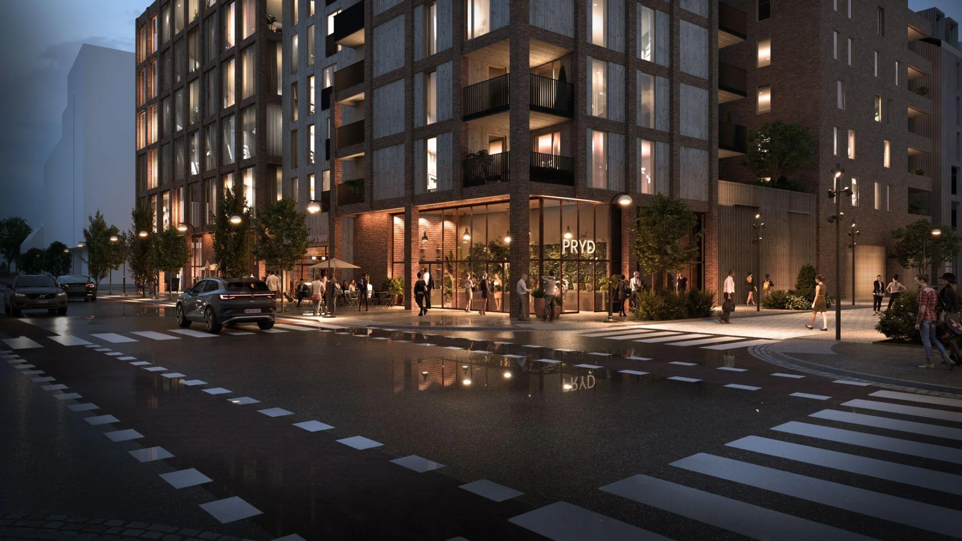 Arkitektillustrasjon fra Timbre-prosjektet, teglfasader og næringsarealer mot gate